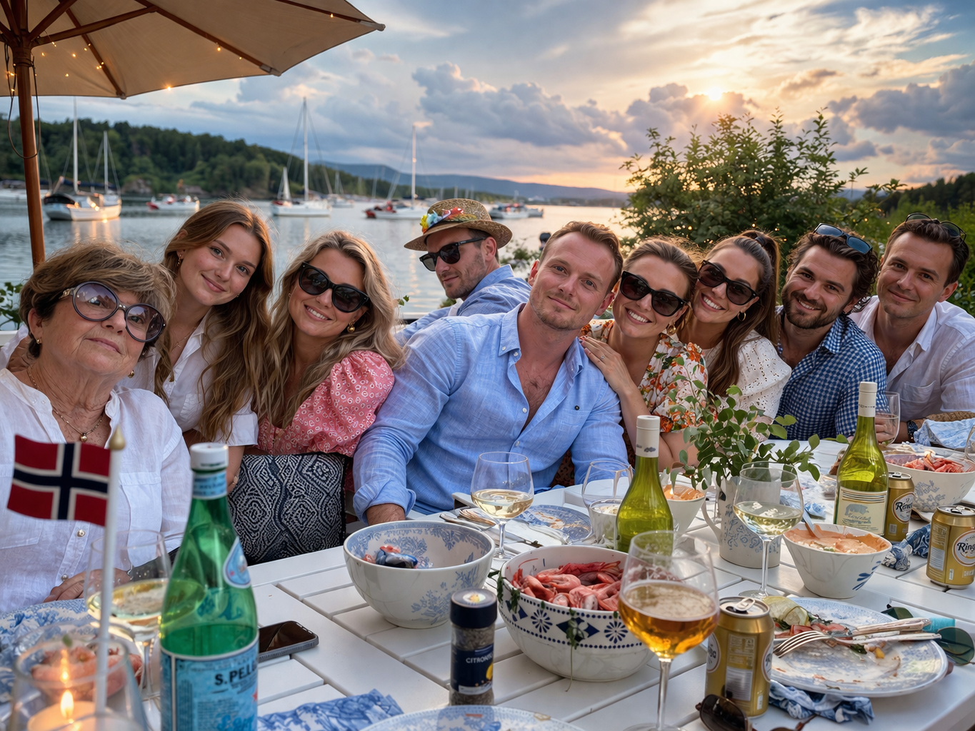 Langbord med gjester ved vannkanten i solnedgang